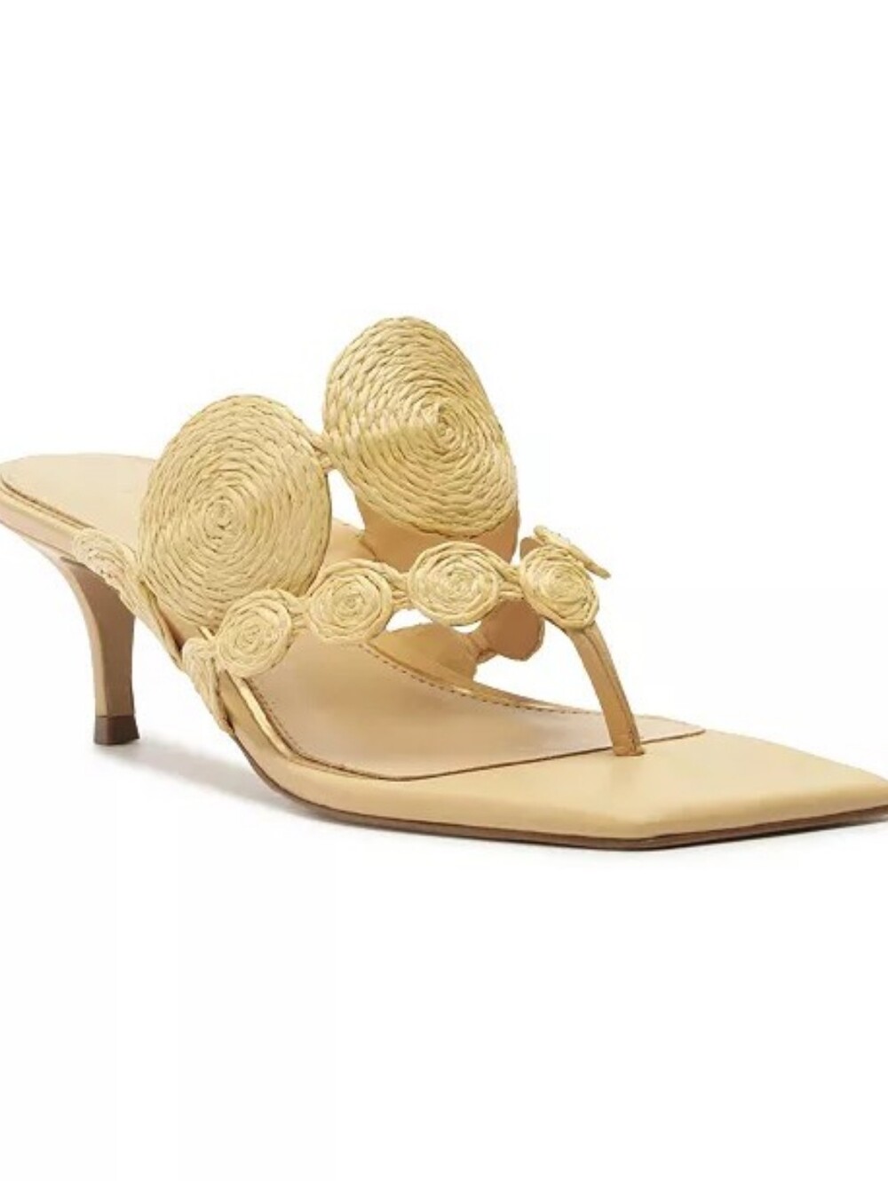 Arezzo Women's Chelsea Mid Stiletto Slip on Sandals Sz 8.5 Boho Raffia Rosettes